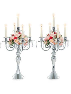 Elegant 20.3" Silver Candelabra Centerpiece Set - 5 Arm Metal & Crystal Candle